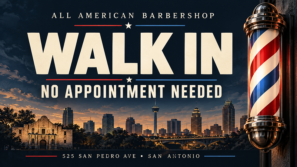 All American Barbershop Walk In — No Appointment Needed, with a barber pole and illustrated San Antonio skyline.