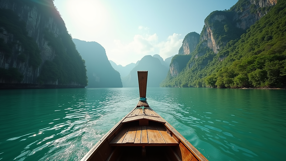 Eye-level view of a traditional Thai long-tail boat on a clear river