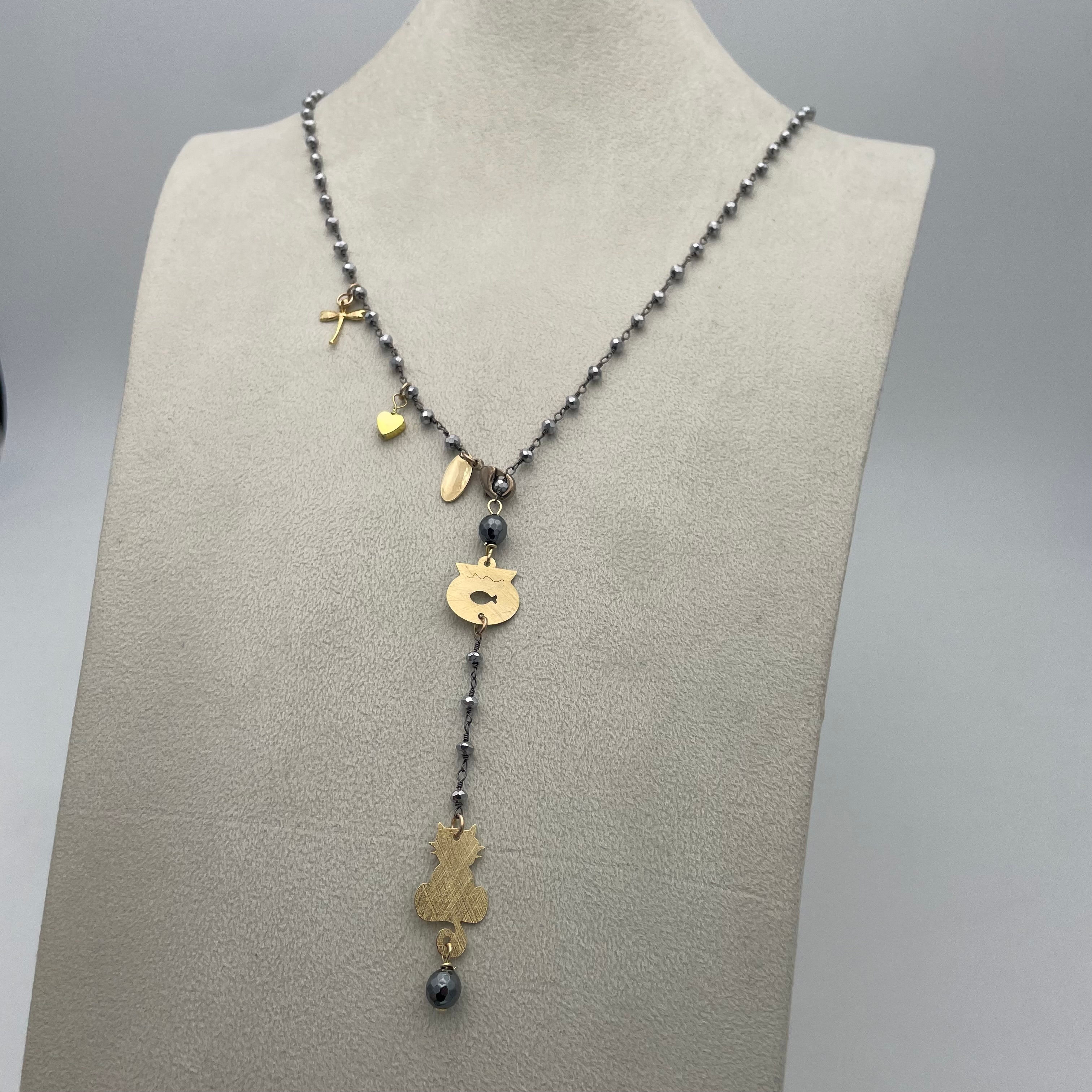 COLLANA CRAVATTINO GATTO 3 CHARMS - ANTRACITE