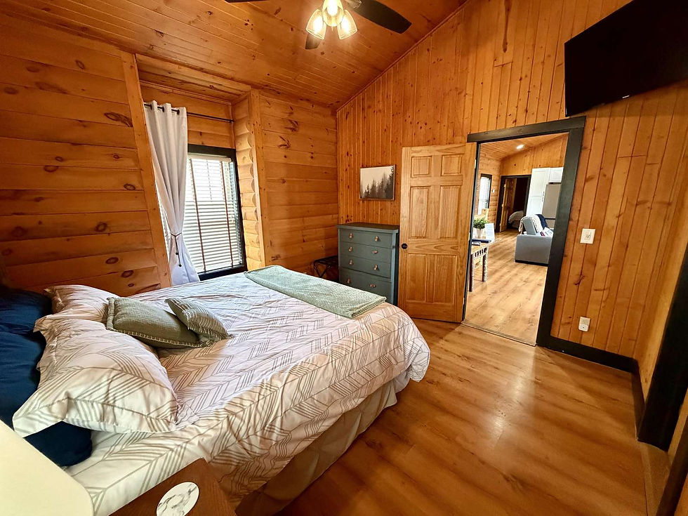 Alternate view of first bedroom, looking through open door into main living area
