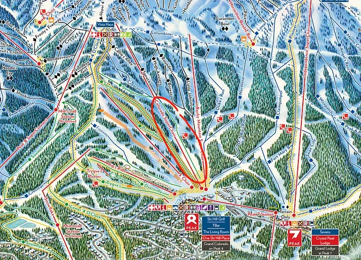 Ski resort trail map showing various ski runs in blue, black, and red lines through mountainous terrain with tree symbols, names, and symbols.