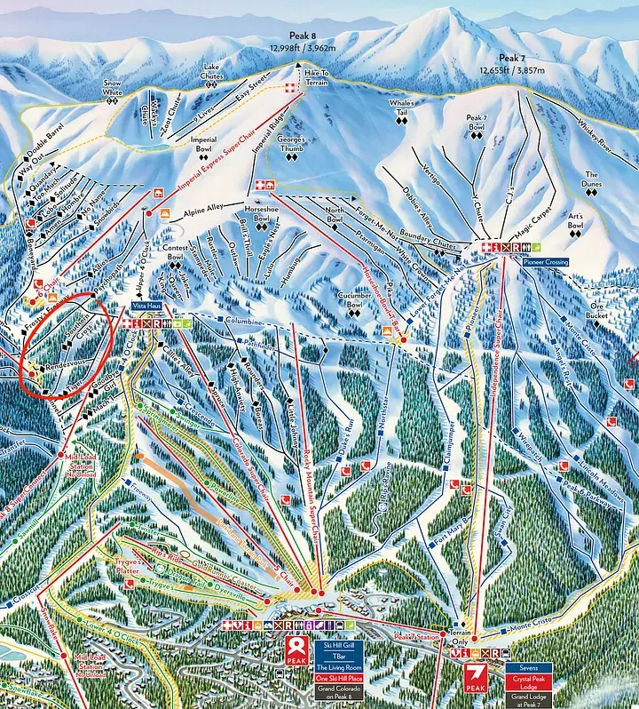 Ski resort trail map shows multiple peaks and trails marked in colors. Text highlights Peaks 7 and 8. Snowy mountains and trees in background.