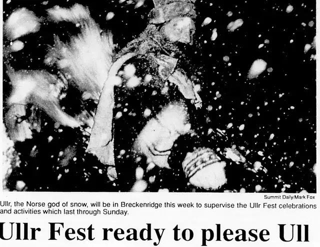 A person in winter clothing walks through heavy snow. Dark background with white snowflakes. Text: "Ullr Fest ready to please Ullr."