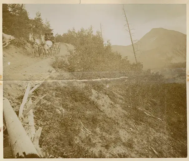 Horse-drawn cart on a narrow mountain path with trees and a distant peak. Sepia tone adds a vintage feel. Rugged landscape.