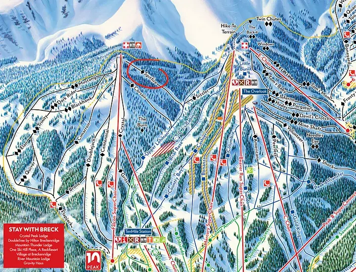 Ski resort trail map showing various ski runs in blue, black, and red lines through mountainous terrain with tree symbols, names, and symbols.