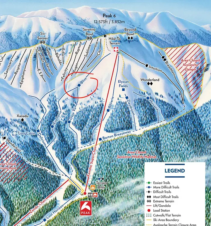 Ski resort trail map showing various ski runs in blue, black, and red lines through mountainous terrain with tree symbols, names, and symbols.
