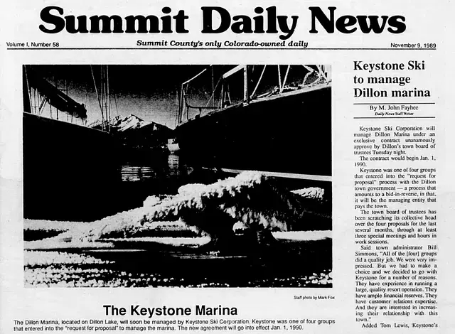 Summit Daily News front page from 1989 features an article about Keystone Ski managing Dillon marina, with a marina photo and black-and-white text.