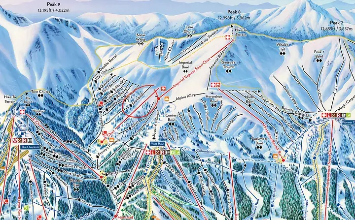 Ski resort trail map showing various ski runs in blue, black, and red lines through mountainous terrain with tree symbols, names, and symbols.