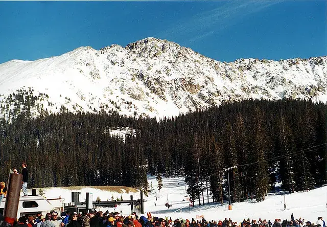 Crowded ski resort with skiers in colorful gear. Snowy mountain and pine trees in the background under a clear blue sky.