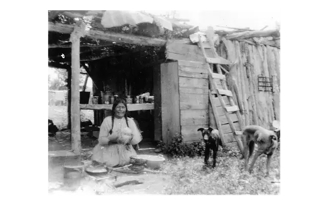 Woman kneeling and weaving outdoors near a rustic wooden structure with two goats nearby. She appears content in the sunny, rural setting.
