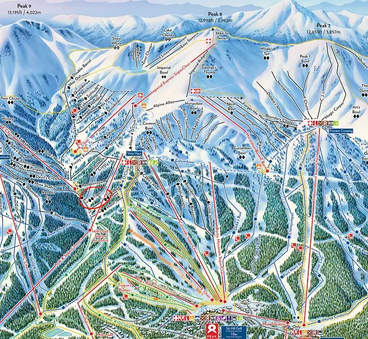 Ski resort trail map showing various ski runs in blue, black, and red lines through mountainous terrain with tree symbols, names, and symbols.