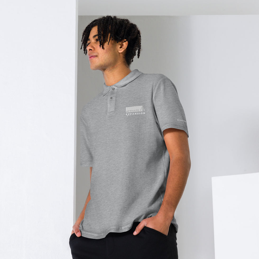 Thumbnail: Men’s Pique Polo Shirt Black, Navy, Positive Energy Design and QN Logo on Sleeve