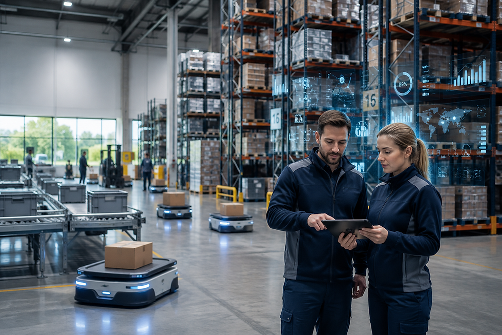Zwei Lagerarbeiter prüfen ein Tablet in einer Hightech-Lagerhalle; Roboterwagen transportieren Pakete, Regale mit 15.