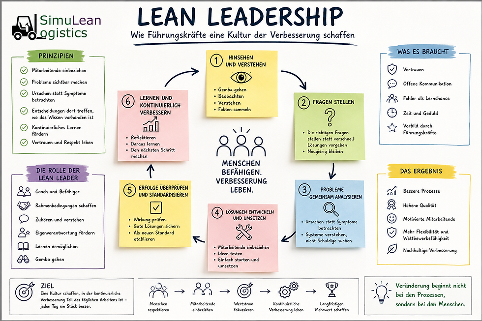 Infografik zu Lean Leadership mit sechs Schritten, wichtigen Führungsprinzipien und dem Ziel einer Kultur der kontinuierlichen Verbesserung bei SimuLean Logistics.