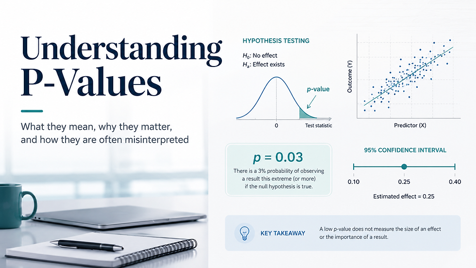 Professional infographic titled “Understanding P-Values,” featuring a bell curve, hypothesis testing diagram, scatter plot, p = 0.03 example, and a 95% confidence interval.