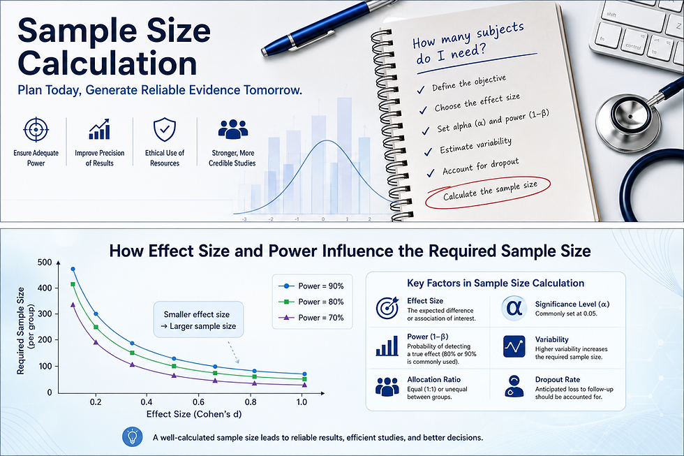 Professional infographic explaining sample size calculation in medical research, including statistical power, effect size, significance level, and study planning concepts.