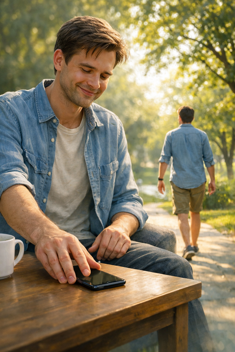A person putting down their phone and enjoying time outdoors, symbolizing healthy and balanced use of social media.