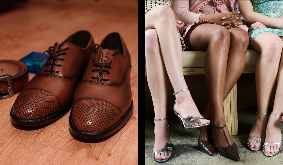 on left are brown dress shoes with laces and brown belt, on right are two caucasian and one black woman with legs crossed sitting together wearing skirts and dress shoes
