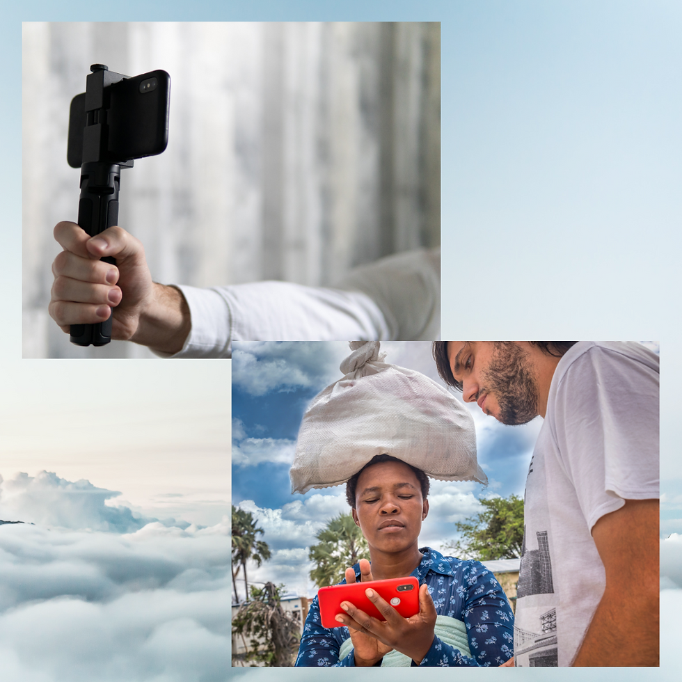 top photo arm in white shirt holding phone on selfi stick, bottom picture woman with bag on her head and holding phone on which she's showing something to a man in white shirt.