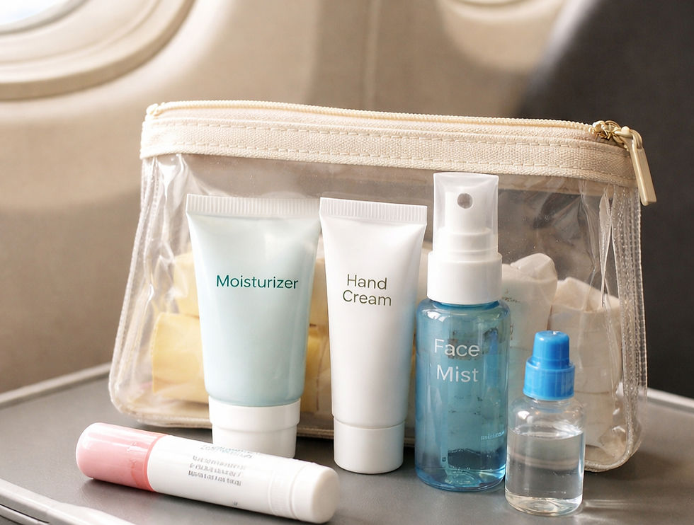 empty clear cosmetic bag on airplane fold-down table with creams, moisurizer, and other plastic toiletry bottles
