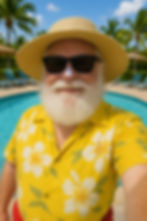 man with white beard, yellow, green and white flowered Hawaiian shirt, red shorts, sunglasses and floppy hat in front of pool has white zinc sunscreen on his nose