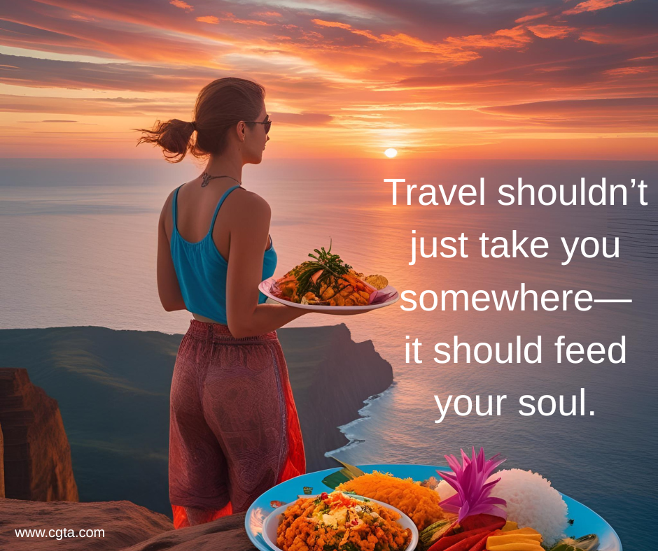 image of slender owman in red shorts and blue tank top, ponytail holding plate of food with sunset in background