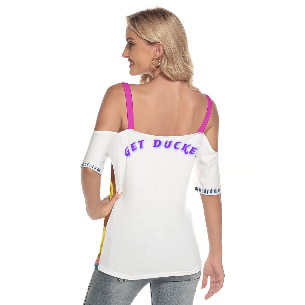 Thumbnail: GET DUCKED All-Over Print Women's Cold Shoulder T-shirt With Criss Cross Strips