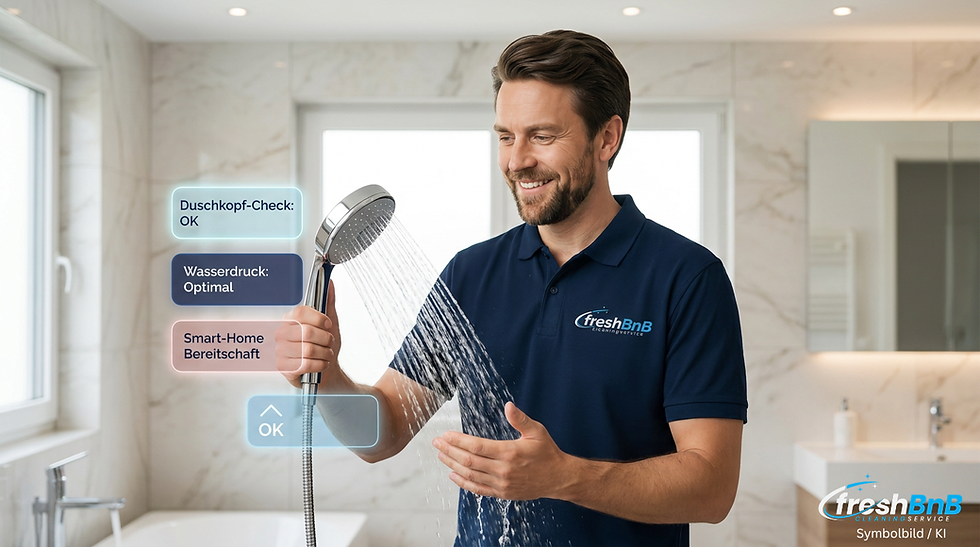 Ein männlicher Gastgeber hält einen Premium-Duschkopf in einem modernen Bad in der Hand und demonstriert Ergebnisse aus einem wassersparend Duschkopf Test.