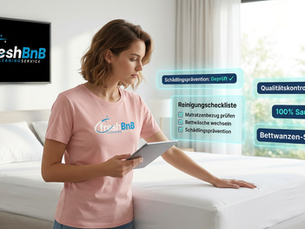 Weibliche Gastgeberin nutzt digitales Tablet für FeWo Bettwanzen Prävention und Protokoll.