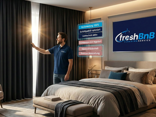 Männlicher Gastgeber zieht die Schlafzimmer Verdunkelung in der Ferienwohnung zu.