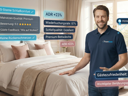 Professioneller Gastgeber richtet ein luxuriöses Bett in einer Ferienwohnung, symbolisch für 5-Sterne Schlafkomfort.
