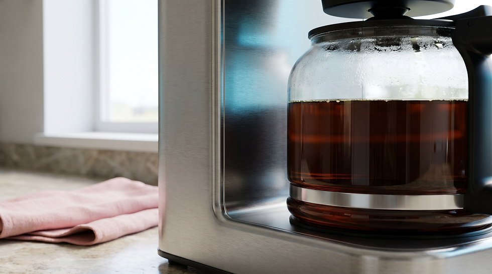 Nahaufnahme einer robusten Premium-Filterkaffeemaschine aus Edelstahl, ein Langlebigkeits-Sieger für jede Airbnb-Küche.