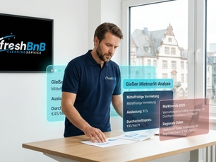 Ein männlicher Gastgeber analysiert Daten für das Konzept Wohnen auf Zeit Gießen in einem modernen Büro.