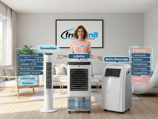 Weibliche Gastgeberin vergleicht im Wohnzimmer verschiedene Geräte für den Test der besten mobilen Klimaanlage für die Ferienwohnung.