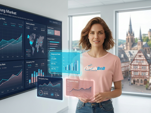 Weibliche Gastgeberin analysiert die Daten zur FeWo Rendite in Marburg 2026 auf einem digitalen Dashboard.