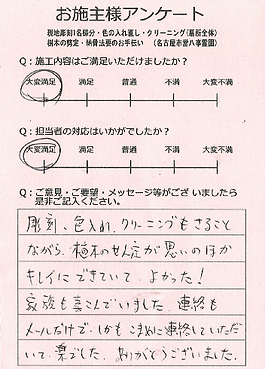 名古屋市八事霊園でのお墓への法名の追加彫りと彫刻文字の色なおし、墓石クリーニング、樹木の剪定、納骨法要の施工後アンケート