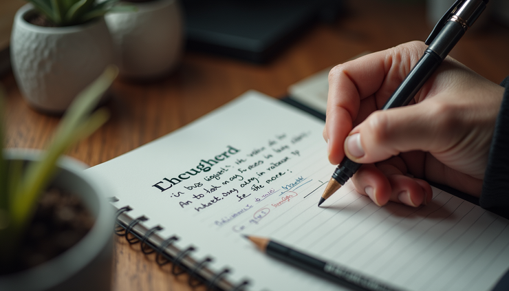 High angle view of a person writing thoughts in English on a notebook