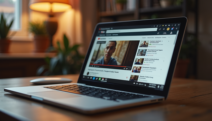 Eye-level view of a laptop screen showing an English learning video on YouTube