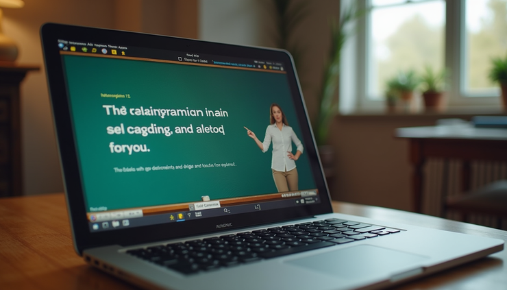 Eye-level view of a laptop screen showing an English grammar lesson video