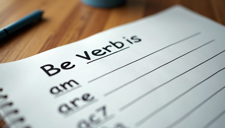Eye-level view of a printed worksheet titled "Be Verbs: Is, Am, Are" on a wooden desk