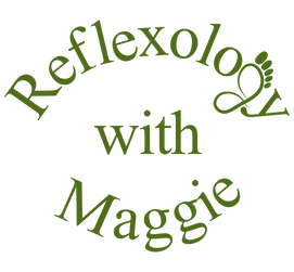 Reflexology with Maggie logo in green text featuring a stylized foot design incorporated into the word “Reflexology.”