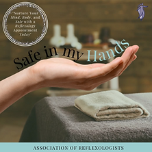 Spa-themed image of an open palm extended near a folded towel, with the quote 'Safe in my hands' overlaid