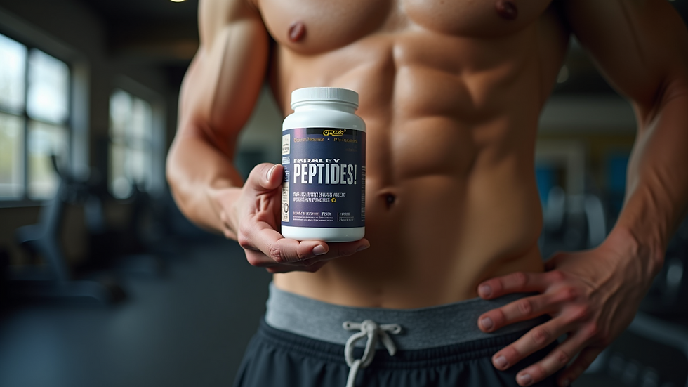 Close-up view of a fitness enthusiast holding a Prolab Peptides container