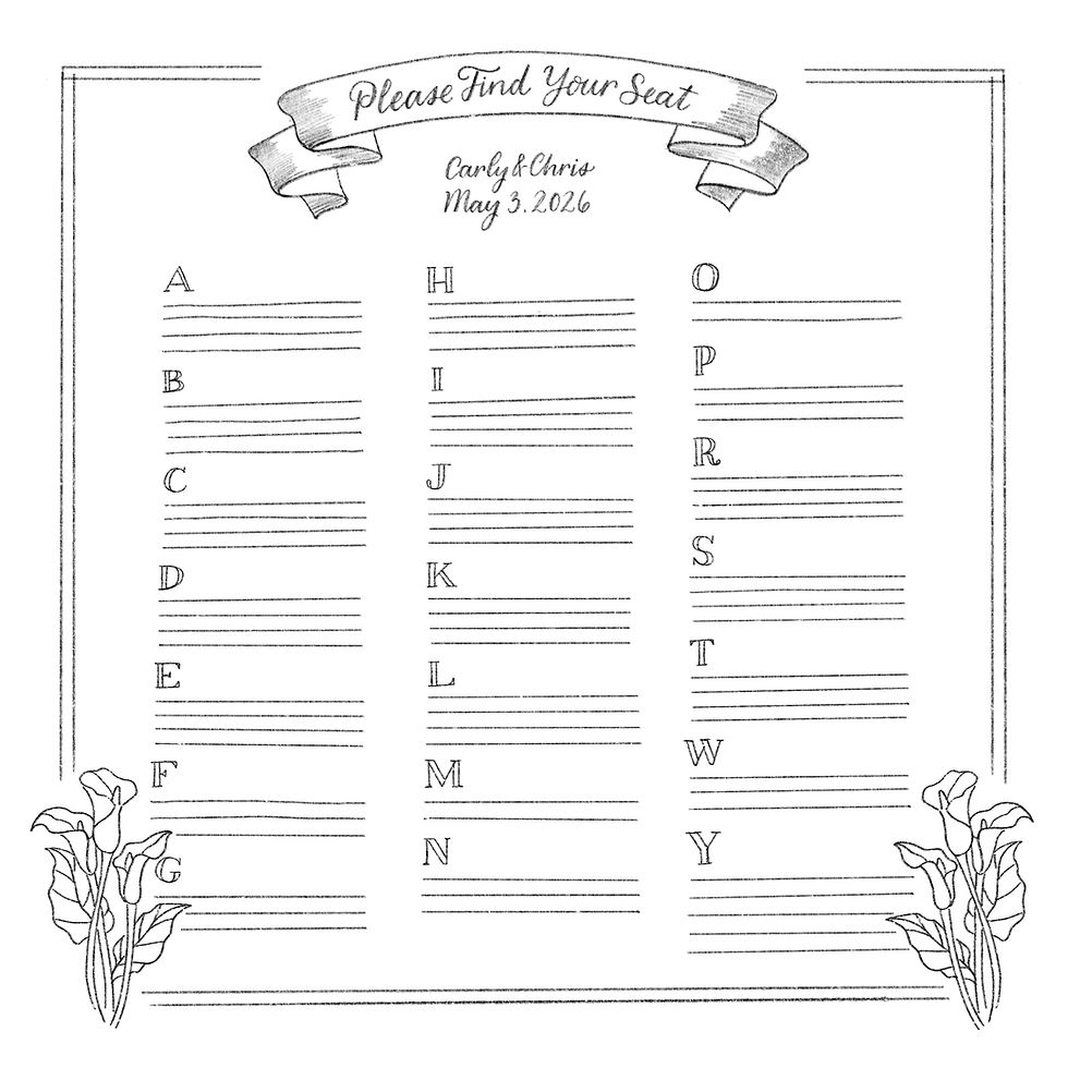 The sketch for the first chalk job - a seating chart with some floral elements.