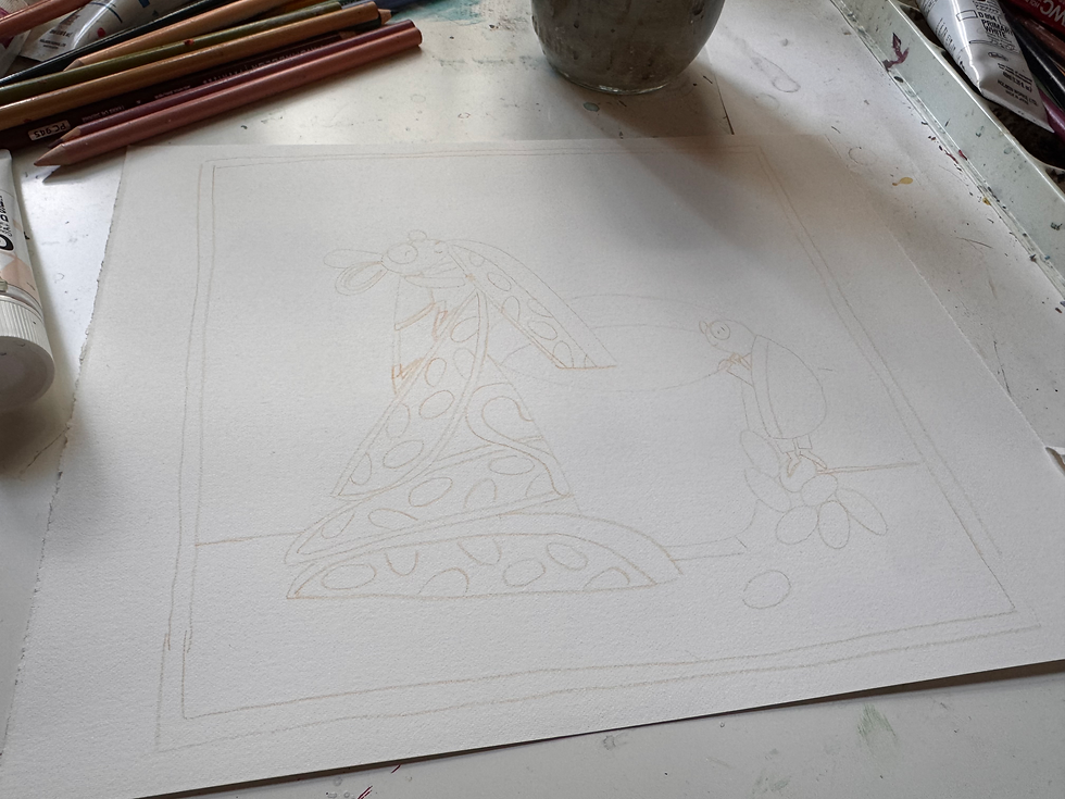 My sketch transferred to watercolor paper.