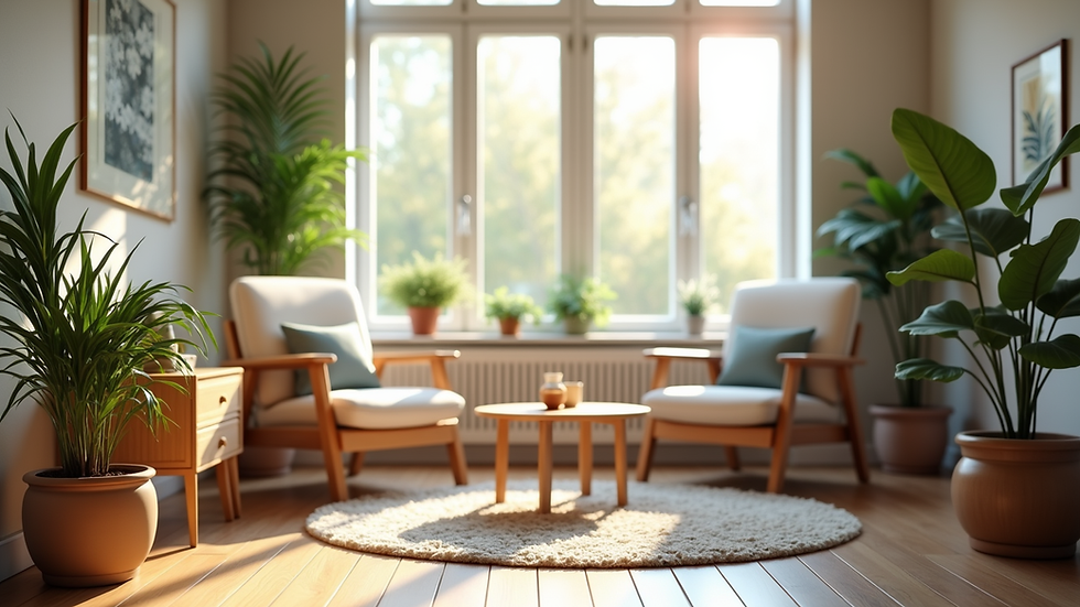 Eye-level view of a cozy consultation room with natural light and plants
