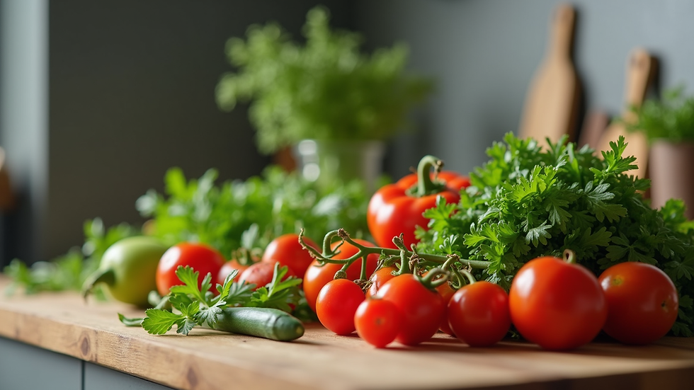 Eye-level view of fresh vegetables and herbs on a kitchen counter