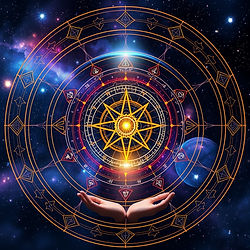 Glowing cosmic compass held in hands
