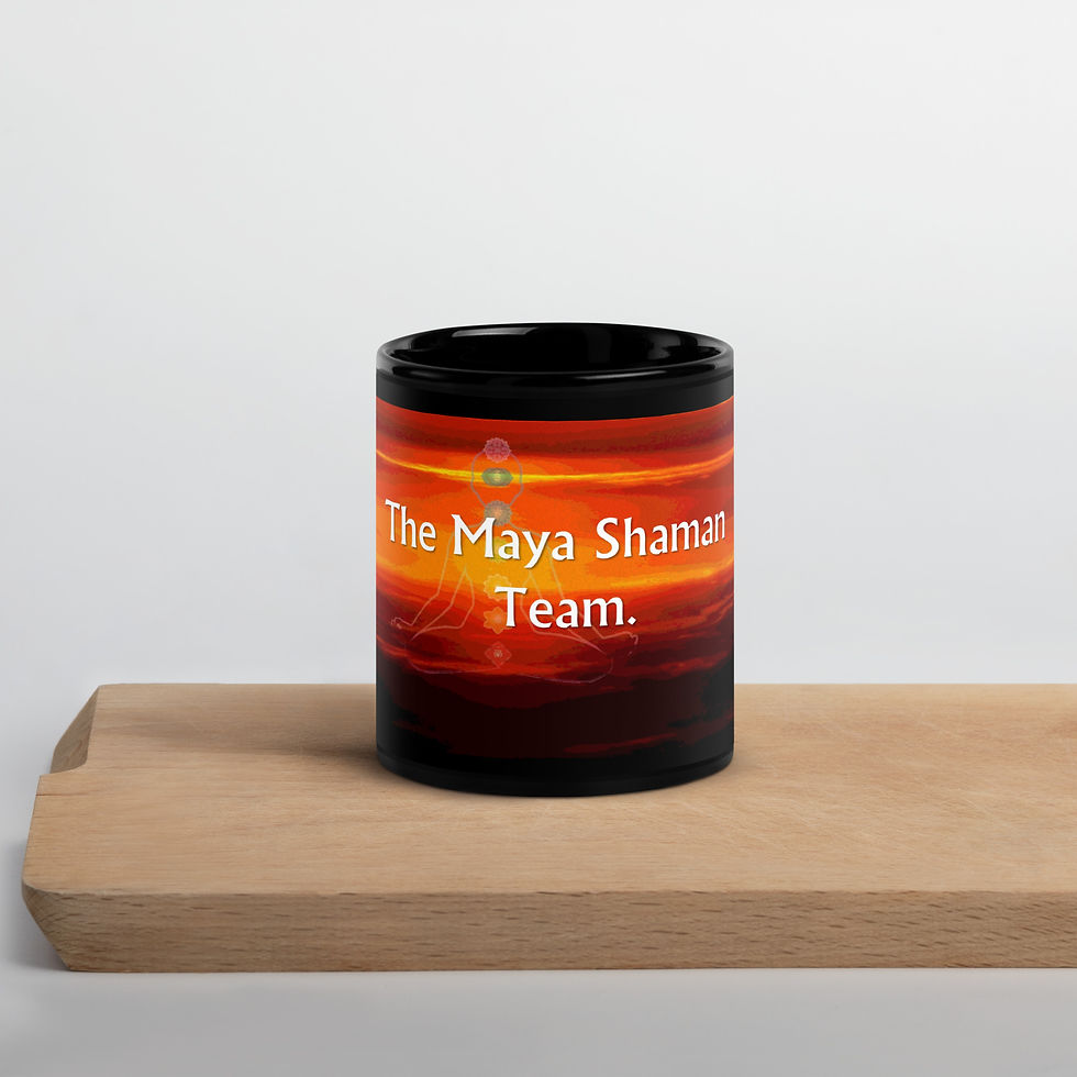 Black Glossy Mug: The Maya Shaman Team sunset design