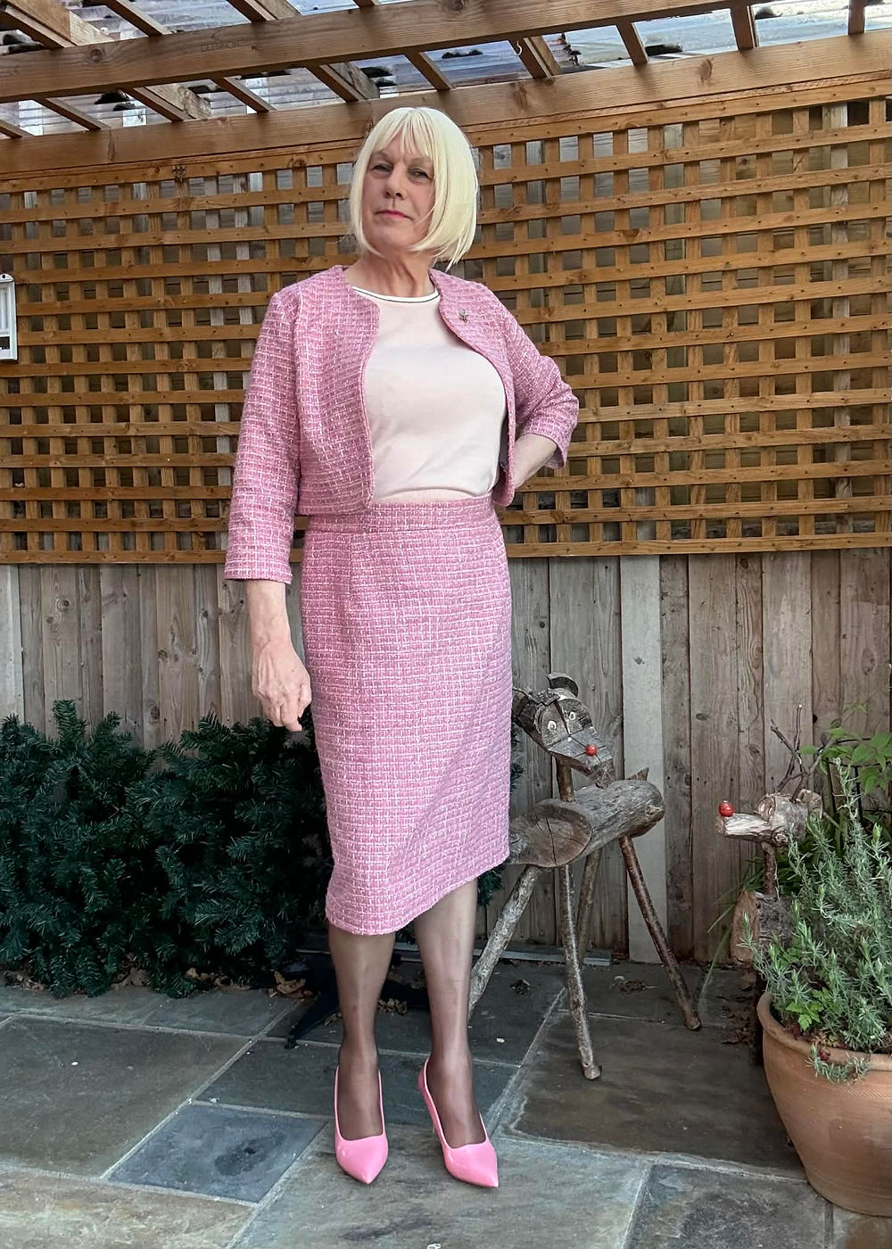 pink tweed chanel type suite